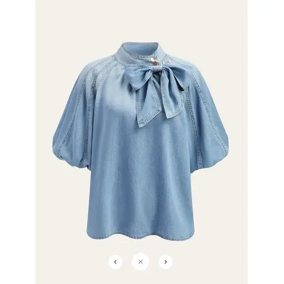 NWT Commense Denim Puff-Sleeve Top With Bow Detail Sz L - Picture 2 of 7